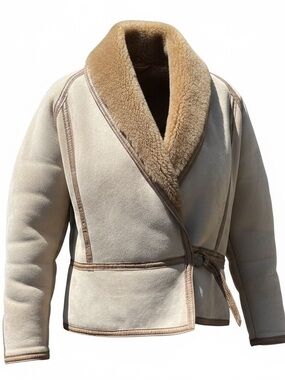 Tan Suede/Shearling Wrap Jacket with Light Brown Trim